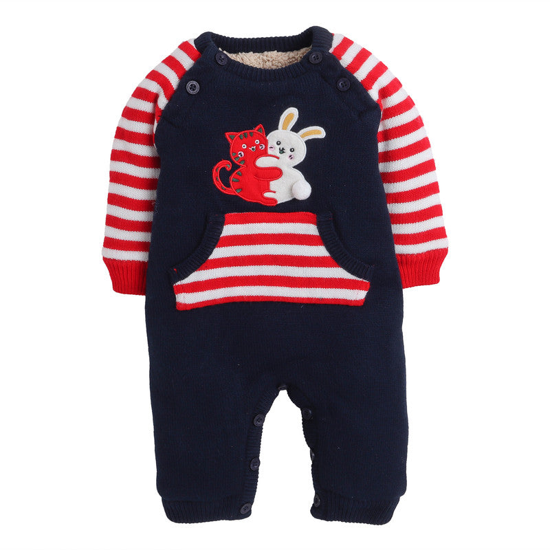 Babies Woolen Romper Bunny & catty Print With Inner Fleece