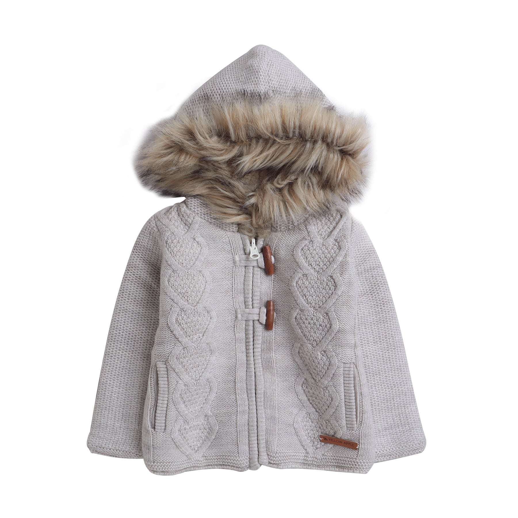 Baby Cable Knit Hooded Sweater | Soft Warm Faux Fur Hood Full Sleeve Winter Jacket with Toggle Closure | Cozy Baby Winter Knitwear