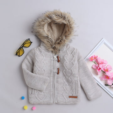 Baby Cable Knit Hooded Sweater | Soft Warm Faux Fur Hood Full Sleeve Winter Jacket with Toggle Closure | Cozy Baby Winter Knitwear