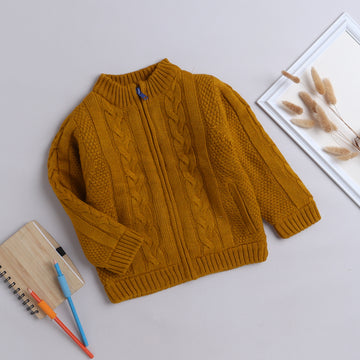 Boys Cable Knit Zip-Up Sweater | Soft Warm High Neck Full Sleeve Winter Cardigan with Front Pockets