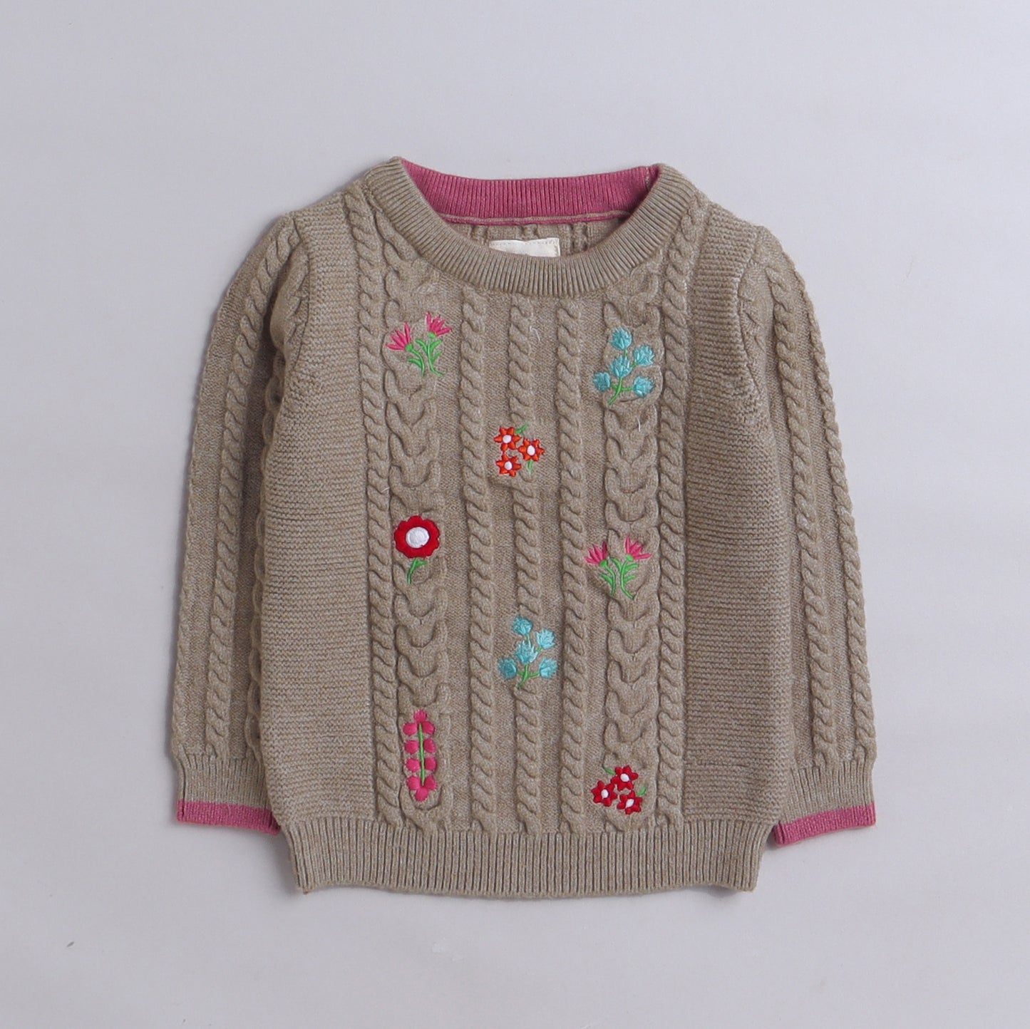 Baby Girl Self Design Round Neck Beige Sweater