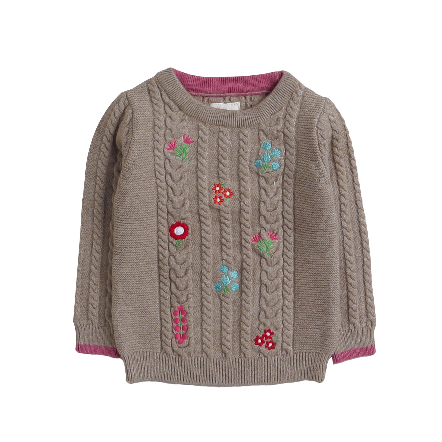 Baby Girl Self Design Round Neck Beige Sweater