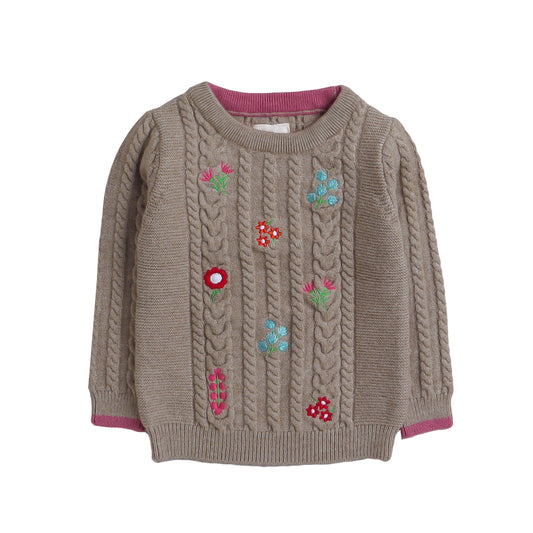 Baby Girl Self Design Round Neck Beige Sweater