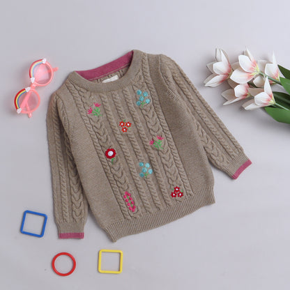 Baby Girl Self Design Round Neck Beige Sweater