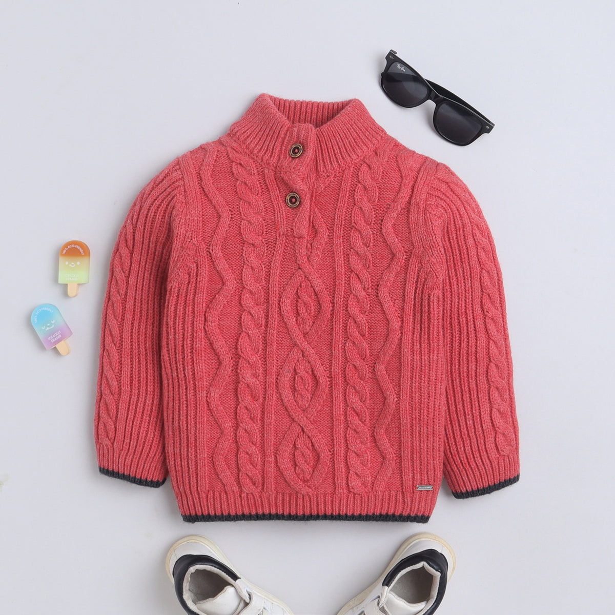 Boys' 100% Acrylic Cable Knit Winter Sweater – Red Button Neck Pullover