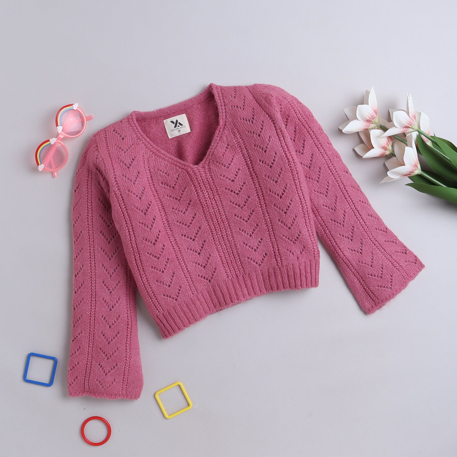 Girls Knitted V-Neck Sweater | Full Sleeve Winter Pullover | Soft Warm Casual Knit Top for Kids