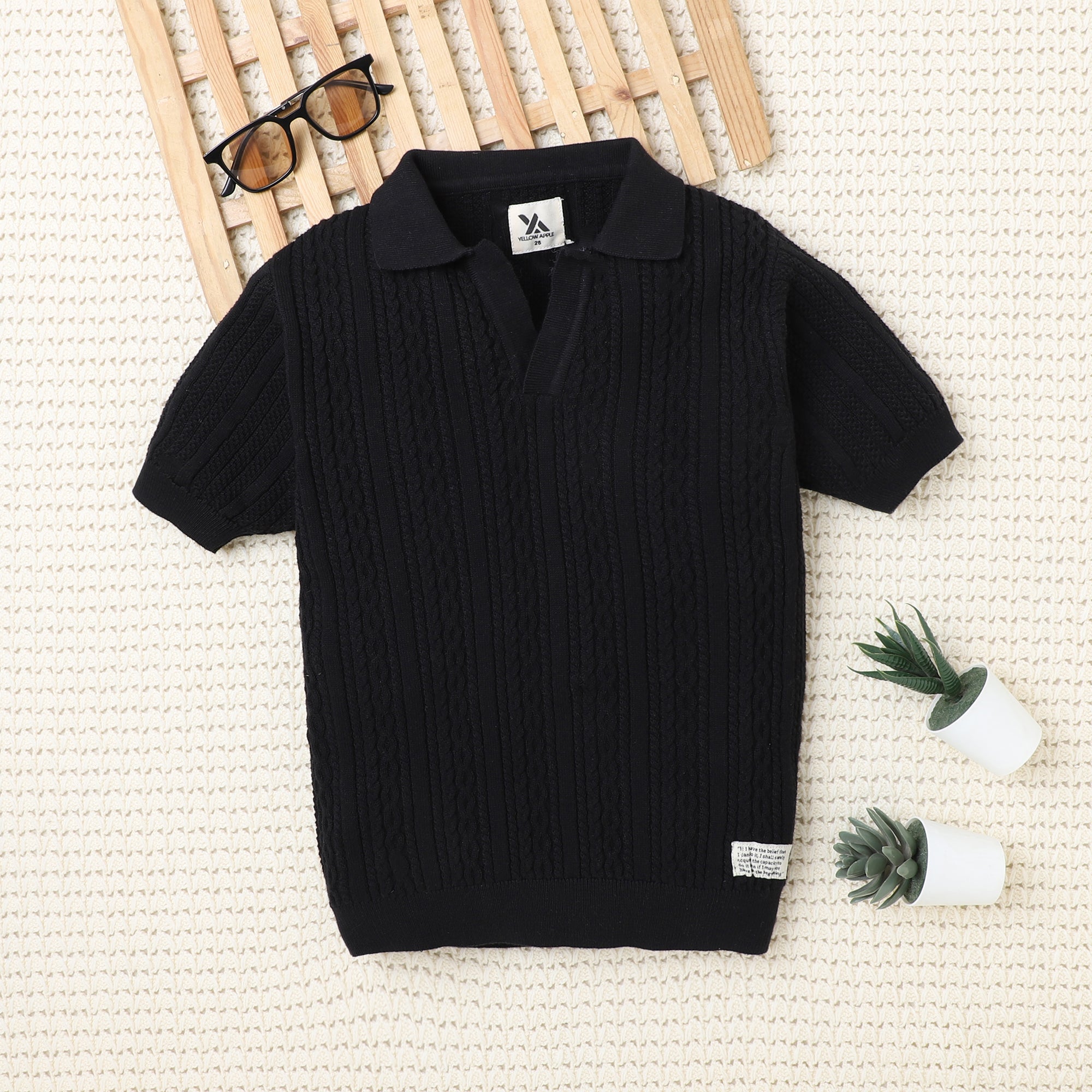 Boys Cable Knit Polo T-Shirt, Soft Cotton Half Sleeve Collar Tee for Boys, Casual Summer Wear