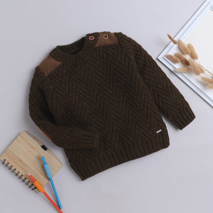 Yellow Aplle-Kids' Chevron Knit Sweater with Suede Shoulder Patches