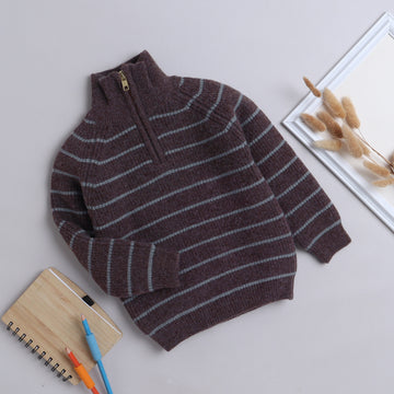 Boys Striped Knit Sweater | Soft Warm High Neck Quarter Zip Full Sleeve Winter Pullover | Cozy Kids Knitwear