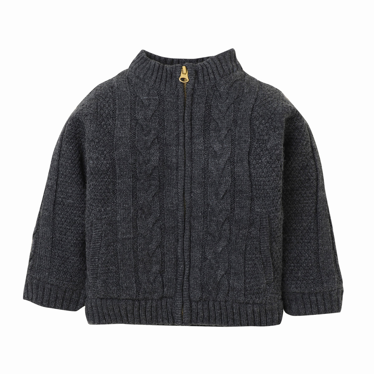 Yellow Apple Boys Charcoal Grey Cable Knit Sweater Jacket – Full Zip High Neck Winter Cardigan