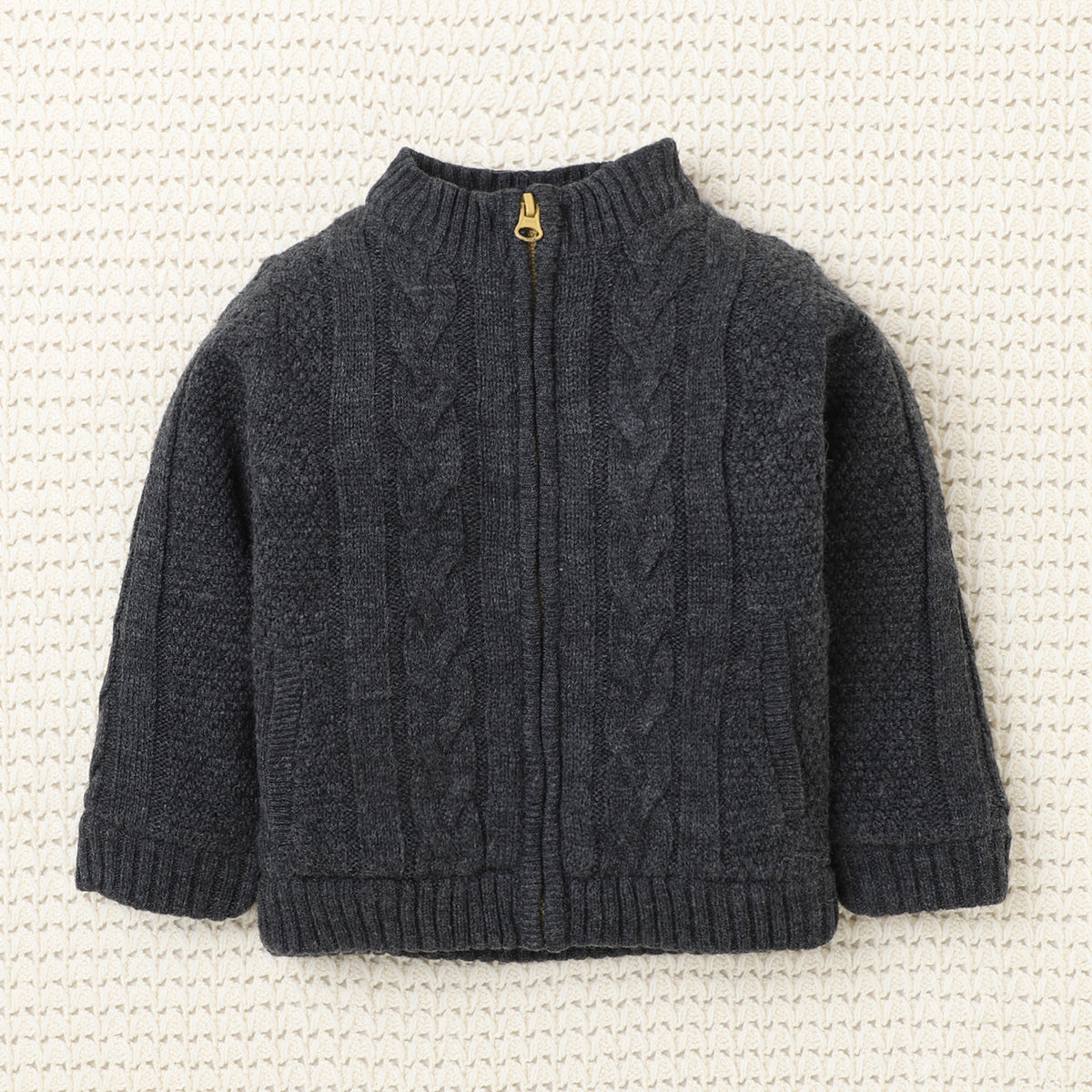 Yellow Apple Boys Charcoal Grey Cable Knit Sweater Jacket – Full Zip High Neck Winter Cardigan