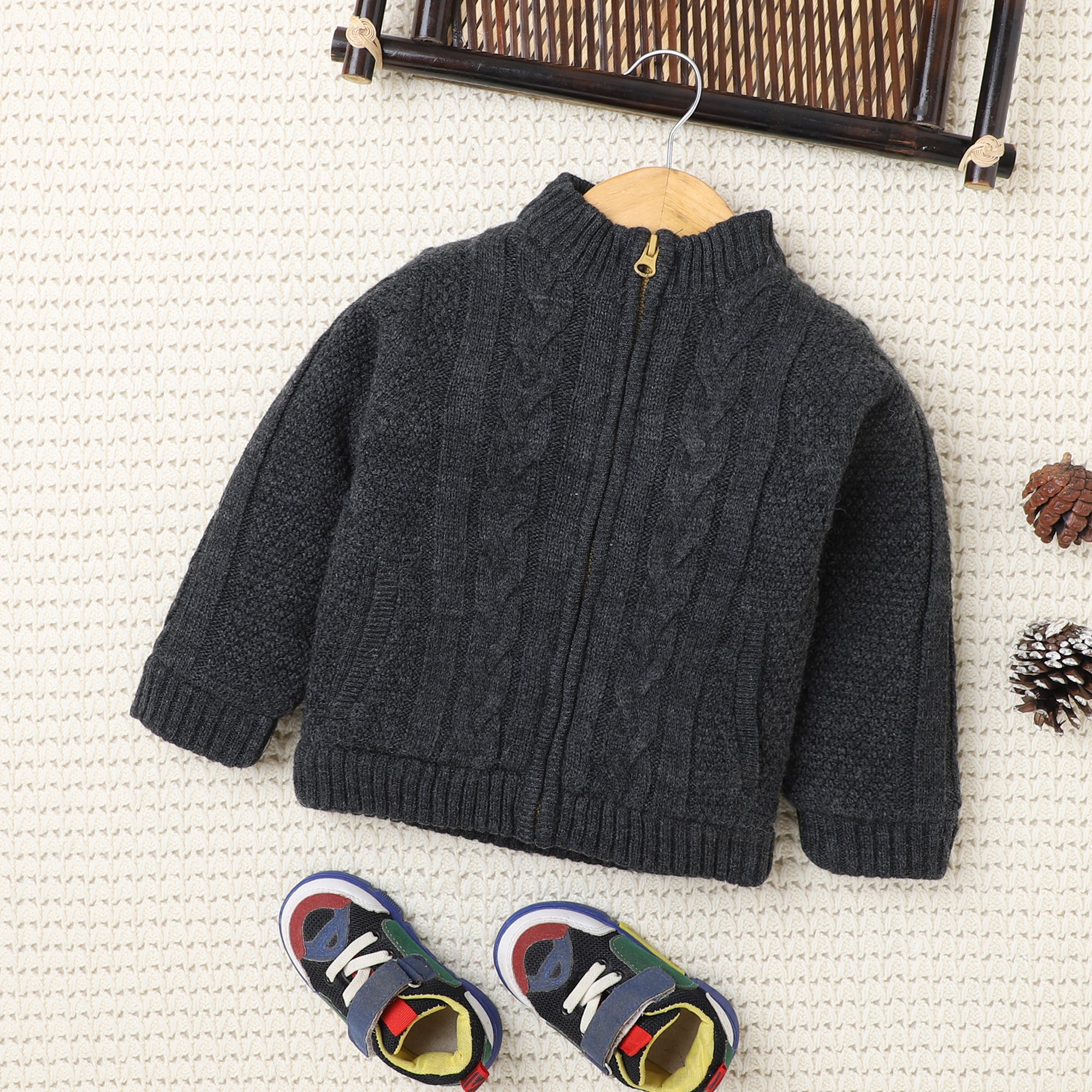 Boys Cable Knit Zip-Up Sweater | Soft Warm High Neck Full Sleeve Winter Cardigan with Front Pockets