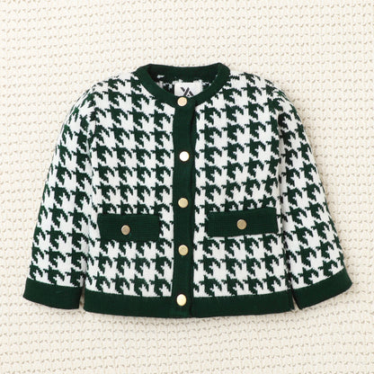Yellow Apple-Stylish Kids Houndstooth Knitted Cardigan | Soft & Trendy Winter Wear
