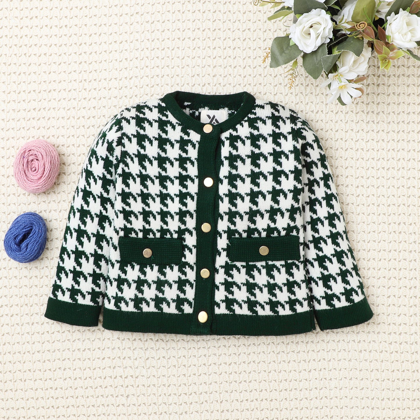 Yellow Apple-Stylish Kids Houndstooth Knitted Cardigan | Soft & Trendy Winter Wear