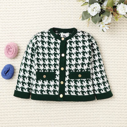 Yellow Apple-Stylish Kids Houndstooth Knitted Cardigan | Soft & Trendy Winter Wear
