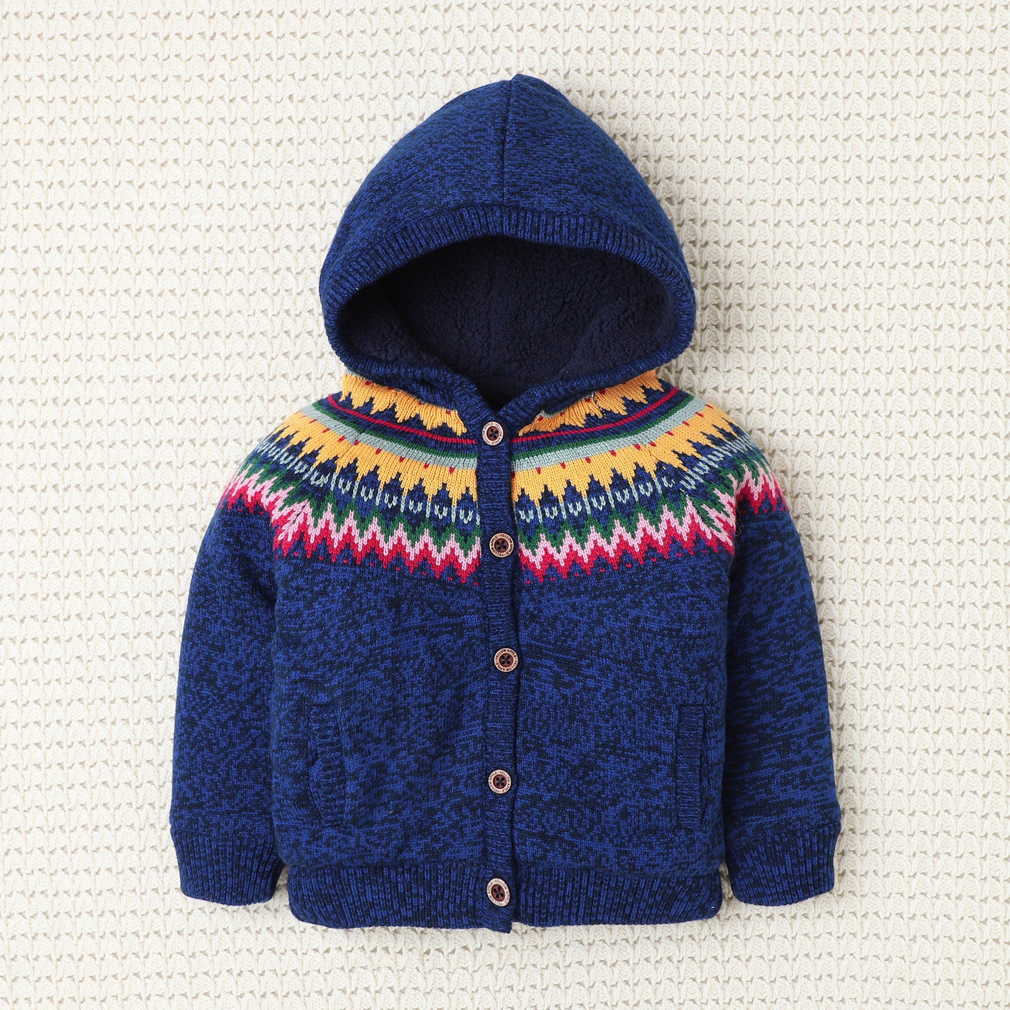 Knitted Hooded Sweater for Girls – Cozy Winter Cardigan with Pom-Poms & Nordic Pattern