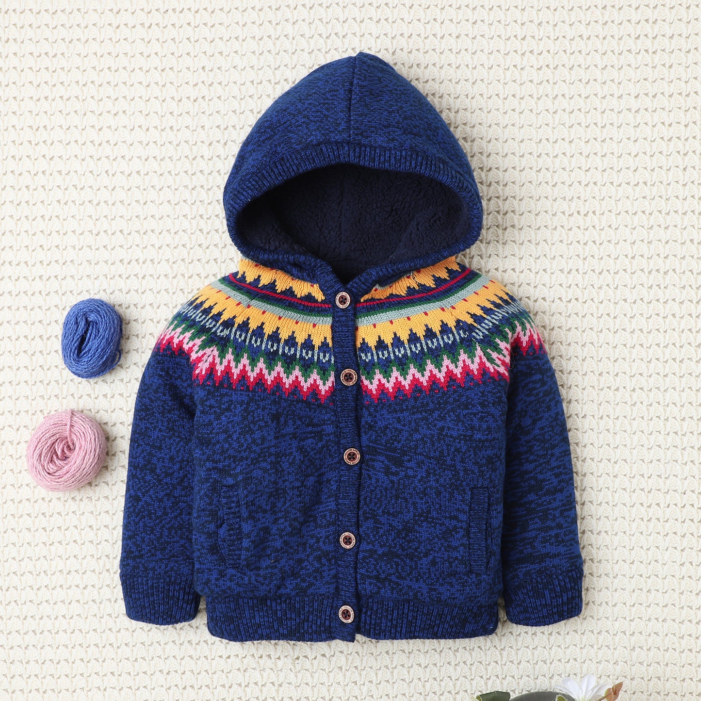 Knitted Hooded Sweater for Girls – Cozy Winter Cardigan with Pom-Poms & Nordic Pattern