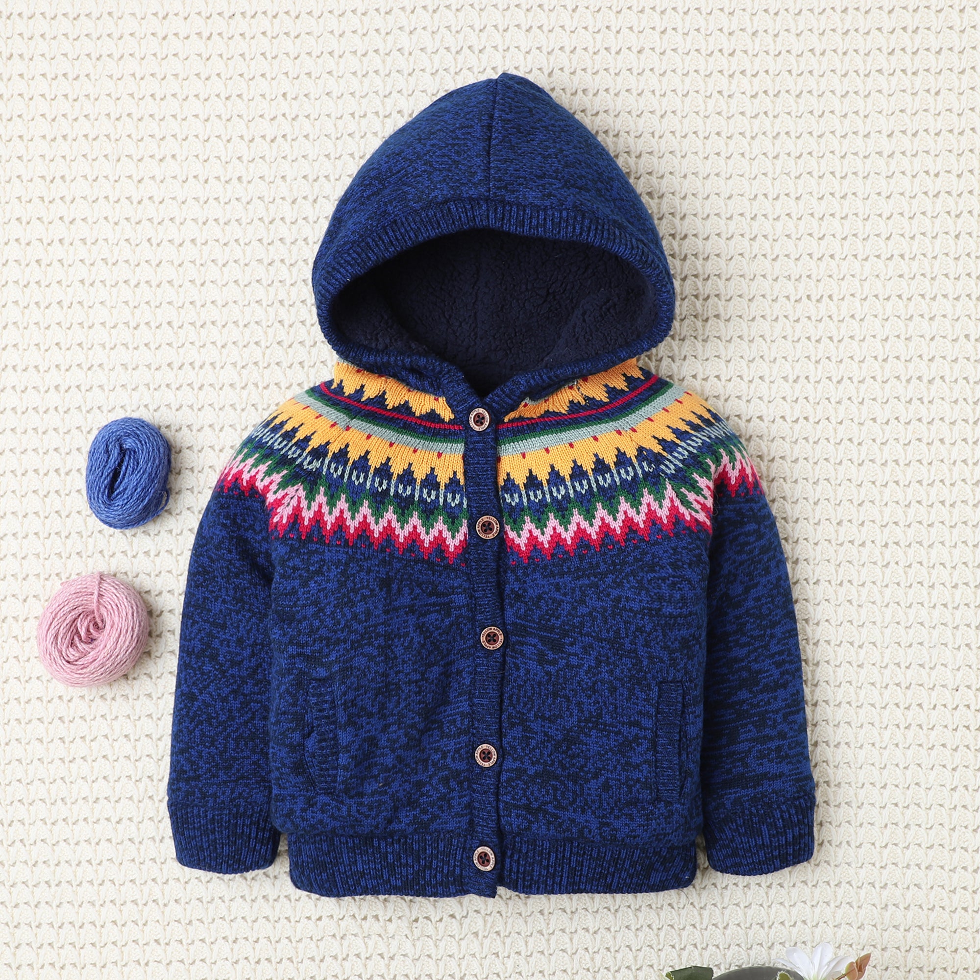 Knitted Hooded Sweater for Girls – Cozy Winter Cardigan with Pom-Poms & Nordic Pattern