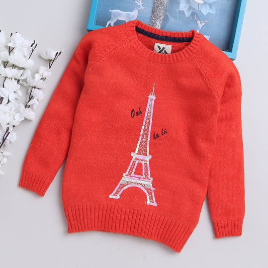 Baby Girls Embroidered Round Neck Orange Sweater