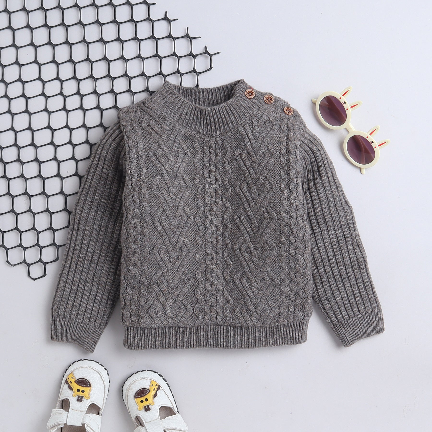 Kids Cable Knit High Neck Sweater | Full Sleeve Winter Pullover with Shoulder Button | Soft Warm Knitted Sweater