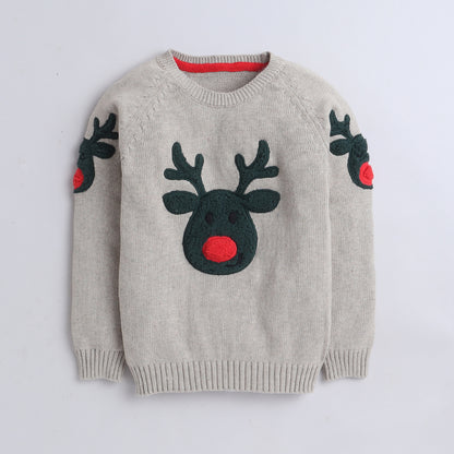 Yellow Apple-Girls Reindeer Christmas Sweater – Cute Winter Pullover with Festive Design & Red Nose