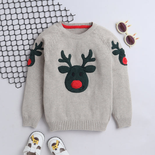 Yellow Apple-Girls Reindeer Christmas Sweater – Cute Winter Pullover with Festive Design & Red Nose