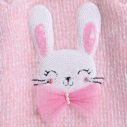 Yellow Apple-Bunny Chenille Sweater with Sequin & Tulle Bow For Girls