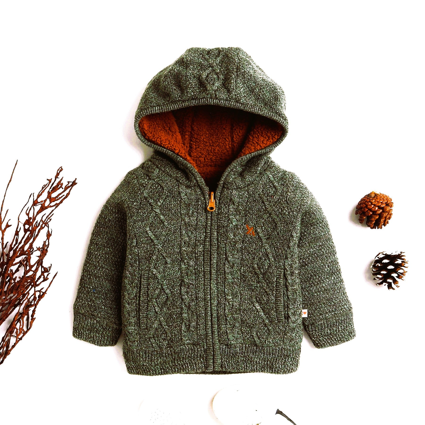 Kids Hooded Cable Knit Jacket | Full Sleeve Zip-Up Winter Sweater with Fleece Lining | Soft Warm Knitted Hoodie for Boys