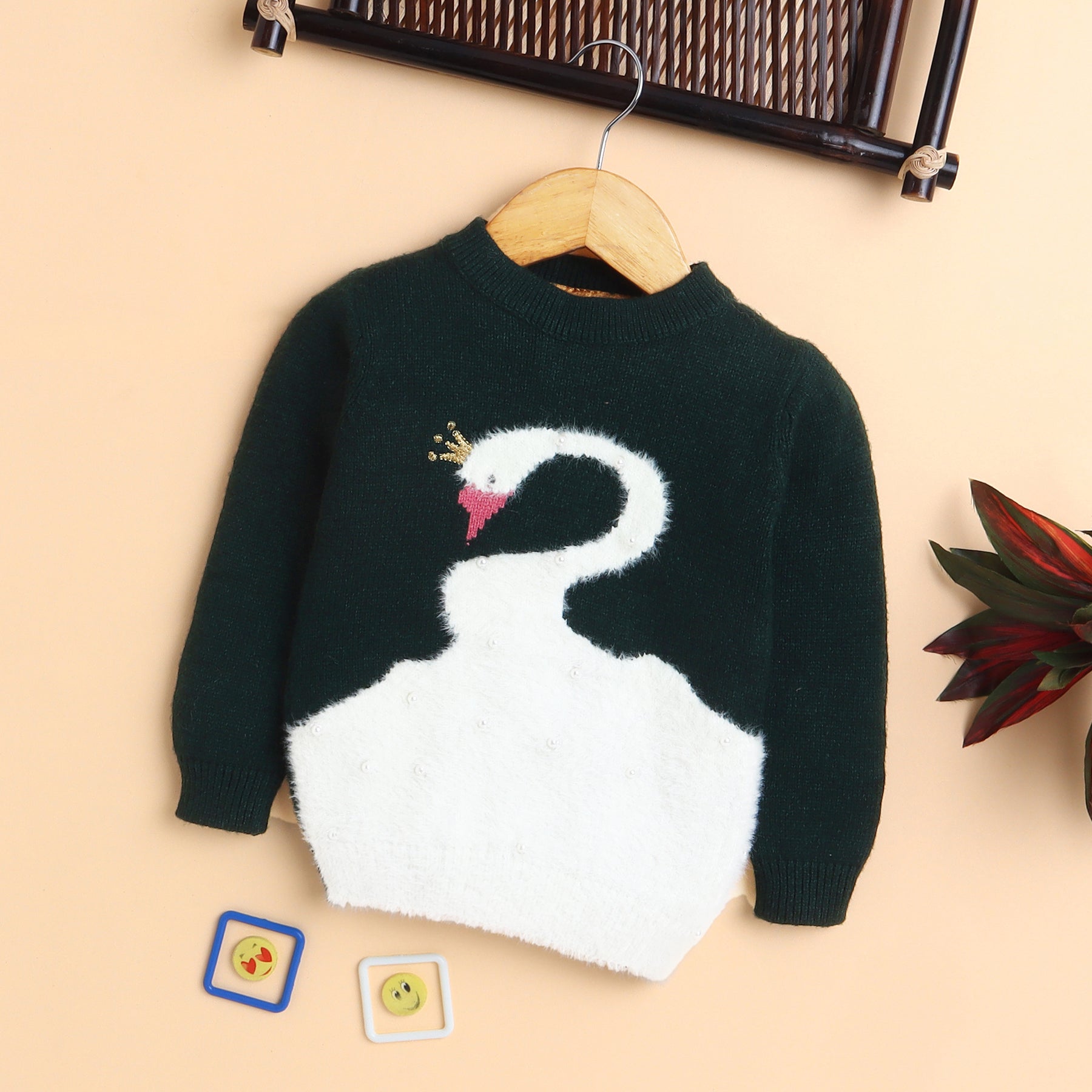 Elegant Swan Knit Sweater with Pearls and Crown Detail
