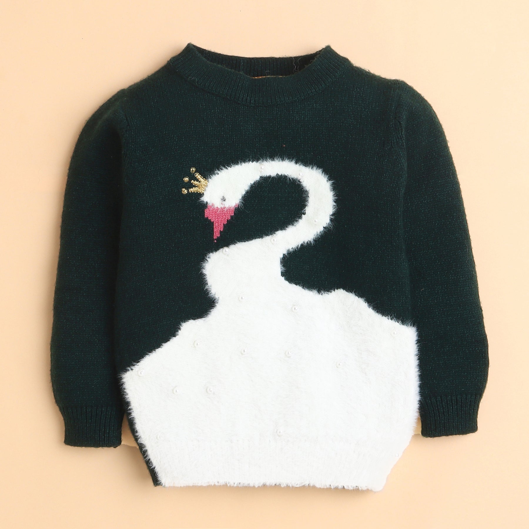 Elegant Swan Knit Sweater with Pearls and Crown Detail