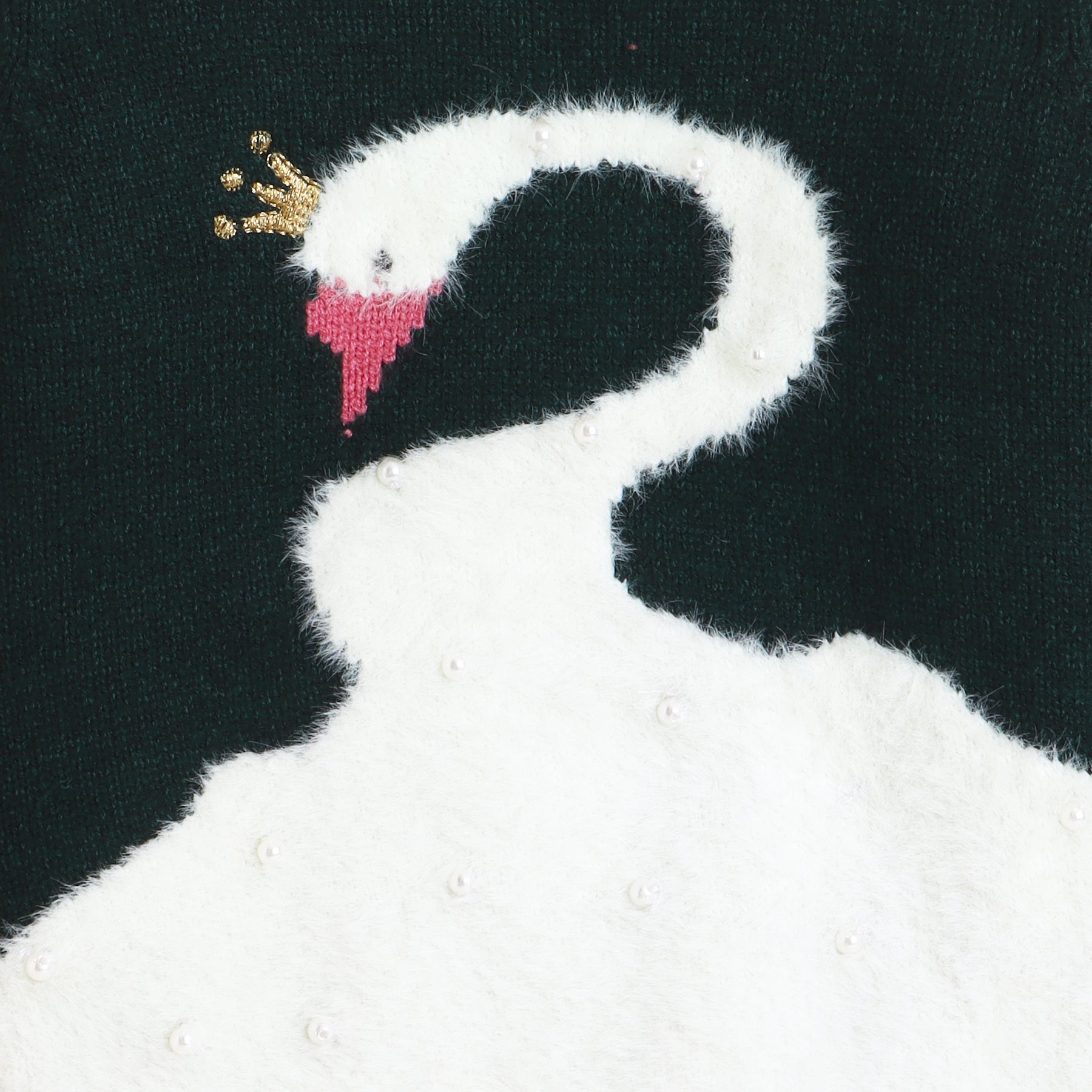 Elegant Swan Knit Sweater with Pearls and Crown Detail