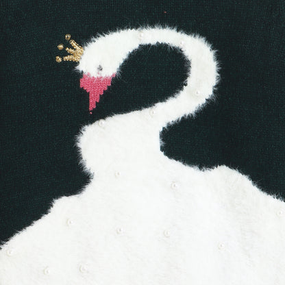 Yellow Apple-Elegant Swan Knit Sweater with Pearls and Crown Detail