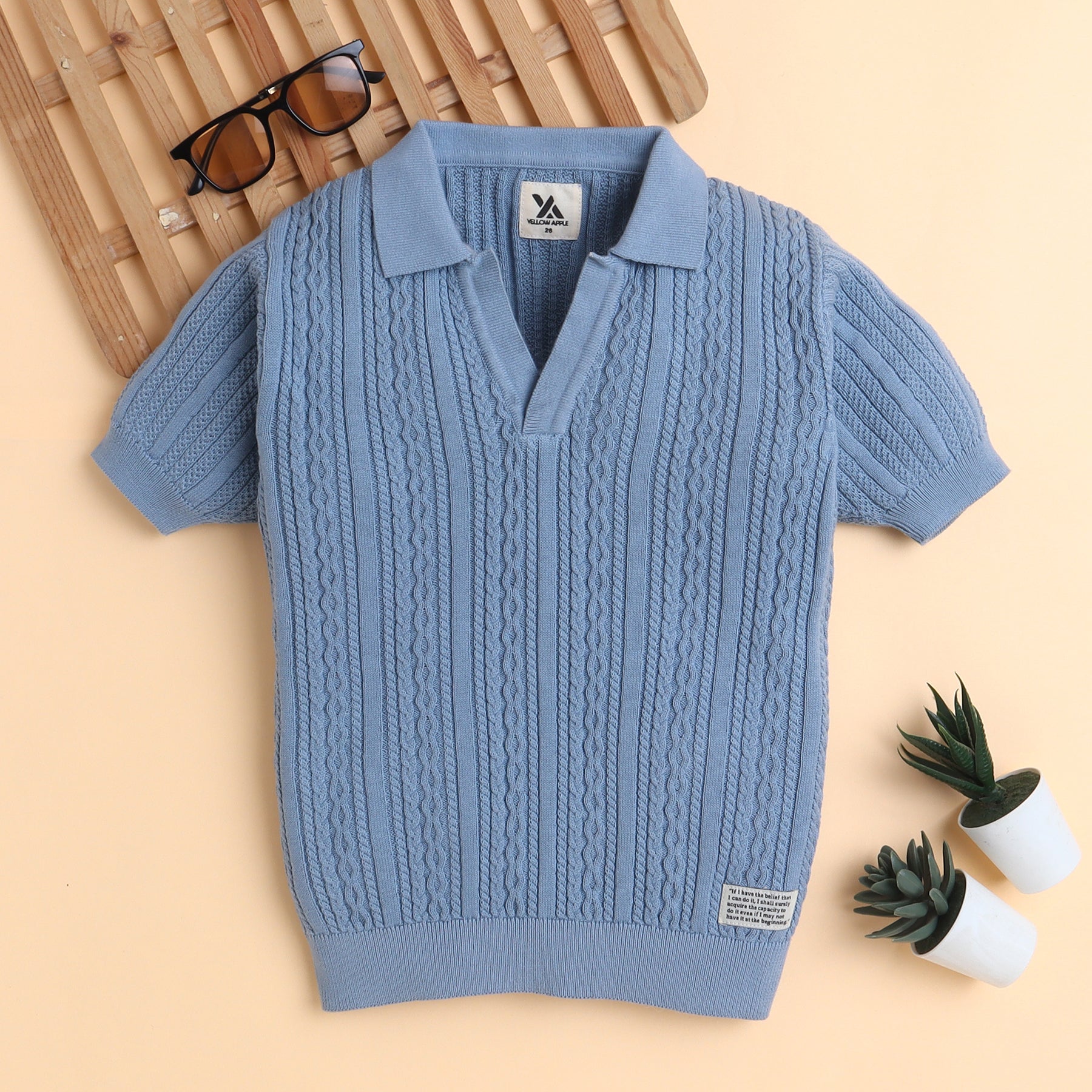 Boys Cable Knit Polo T-Shirt, Soft Cotton Half Sleeve Collar Tee for Boys, Casual Summer Wear