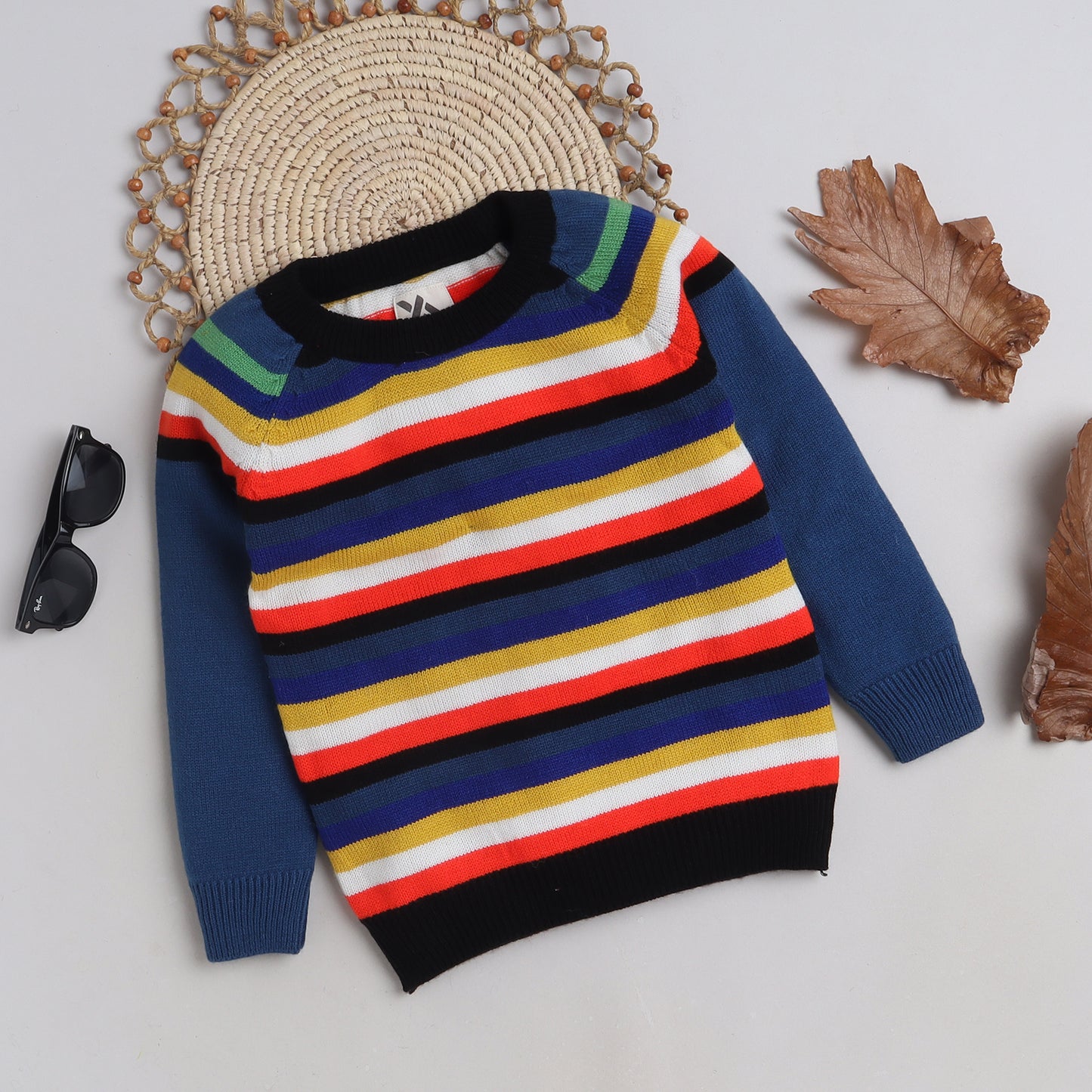 Boys Striped Round Neck Blue Sweater