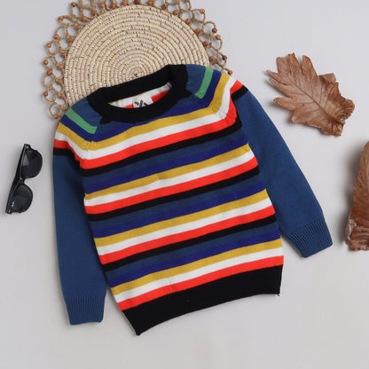 Boys Striped Round Neck Blue Sweater