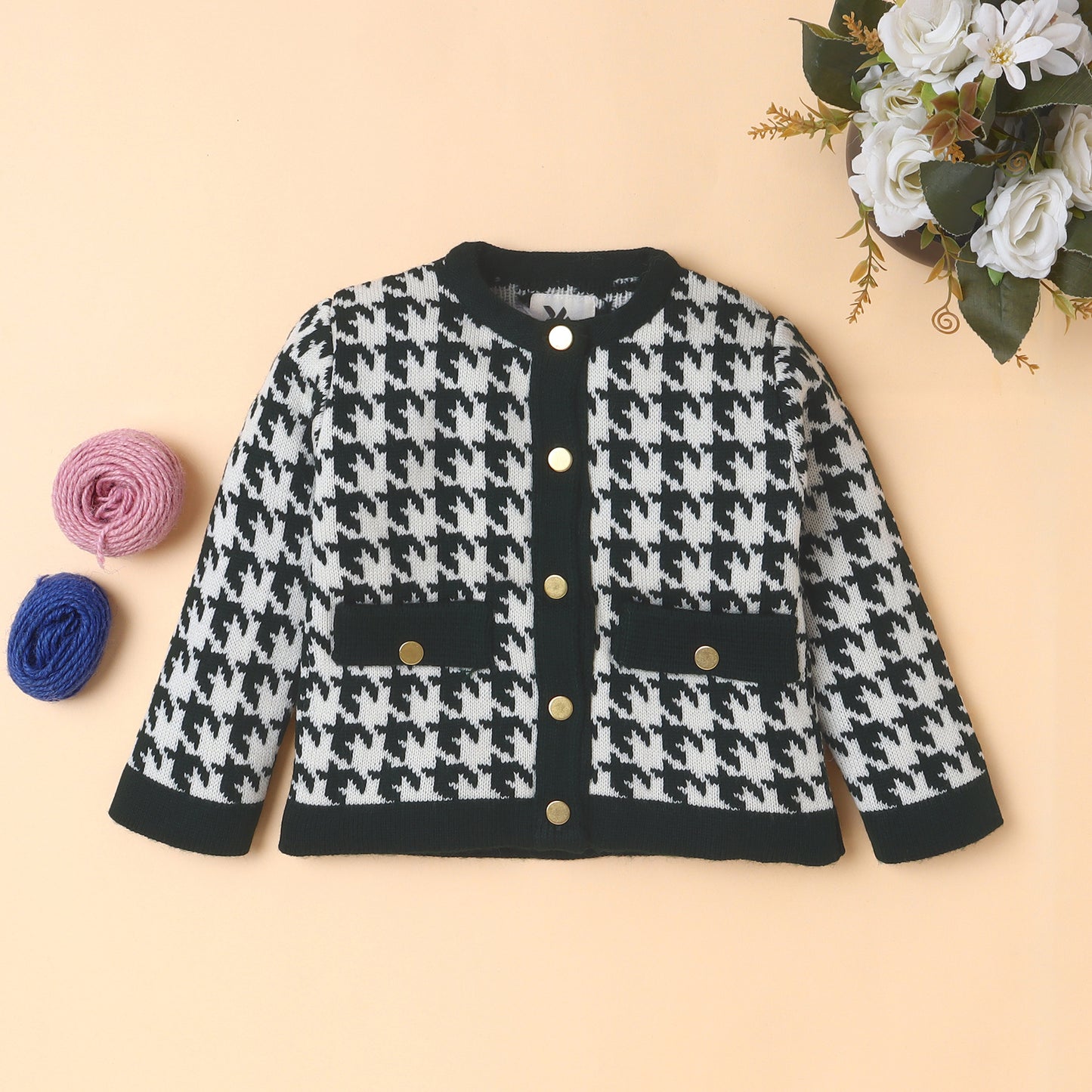 Yellow Apple-Stylish Kids Houndstooth Knitted Cardigan | Soft & Trendy Winter Wear