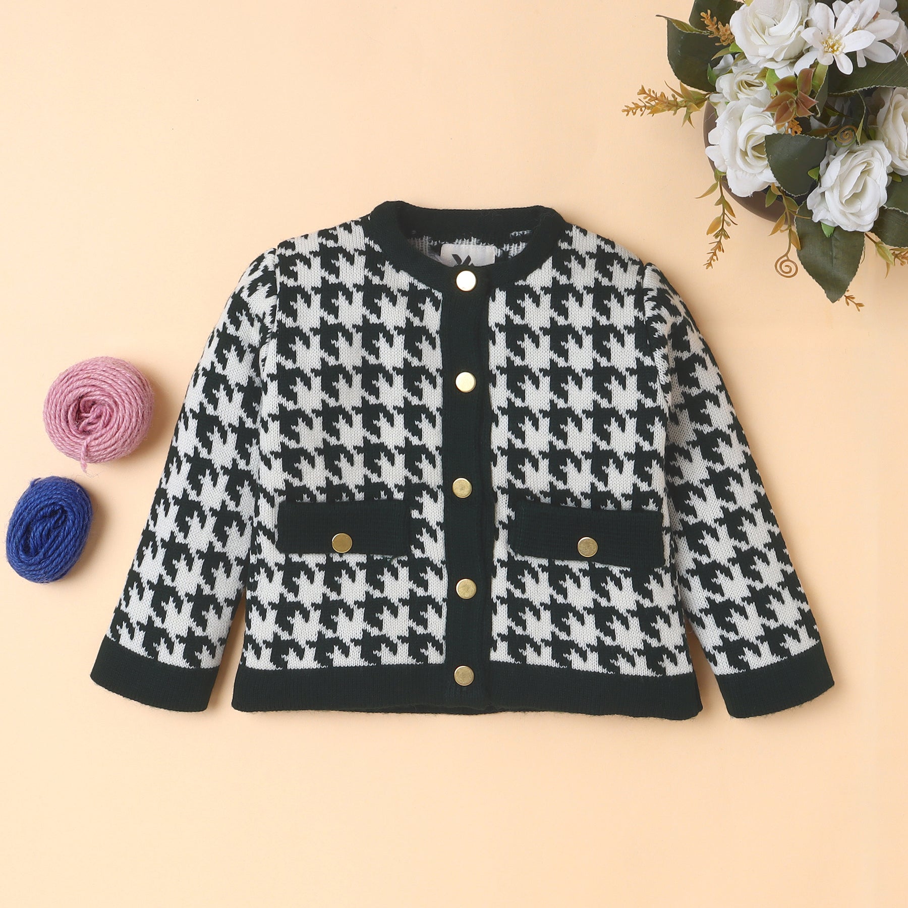 Stylish Kids Houndstooth Knitted Cardigan | Soft & Trendy Winter Wear