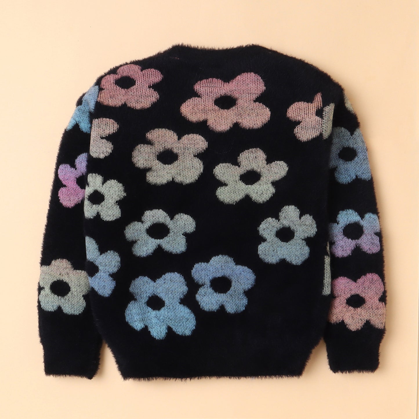 Yellow Apple-Fuzzy Floral Print Sweater for Girls – Cozy & Bold Style