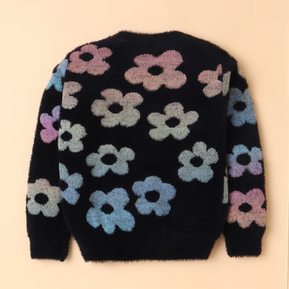 Yellow Apple-Fuzzy Floral Print Sweater for Girls – Cozy & Bold Style