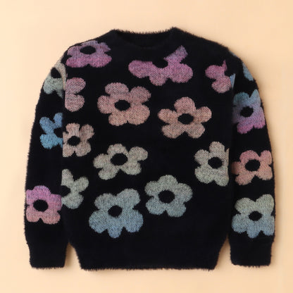 Yellow Apple-Fuzzy Floral Print Sweater for Girls – Cozy & Bold Style