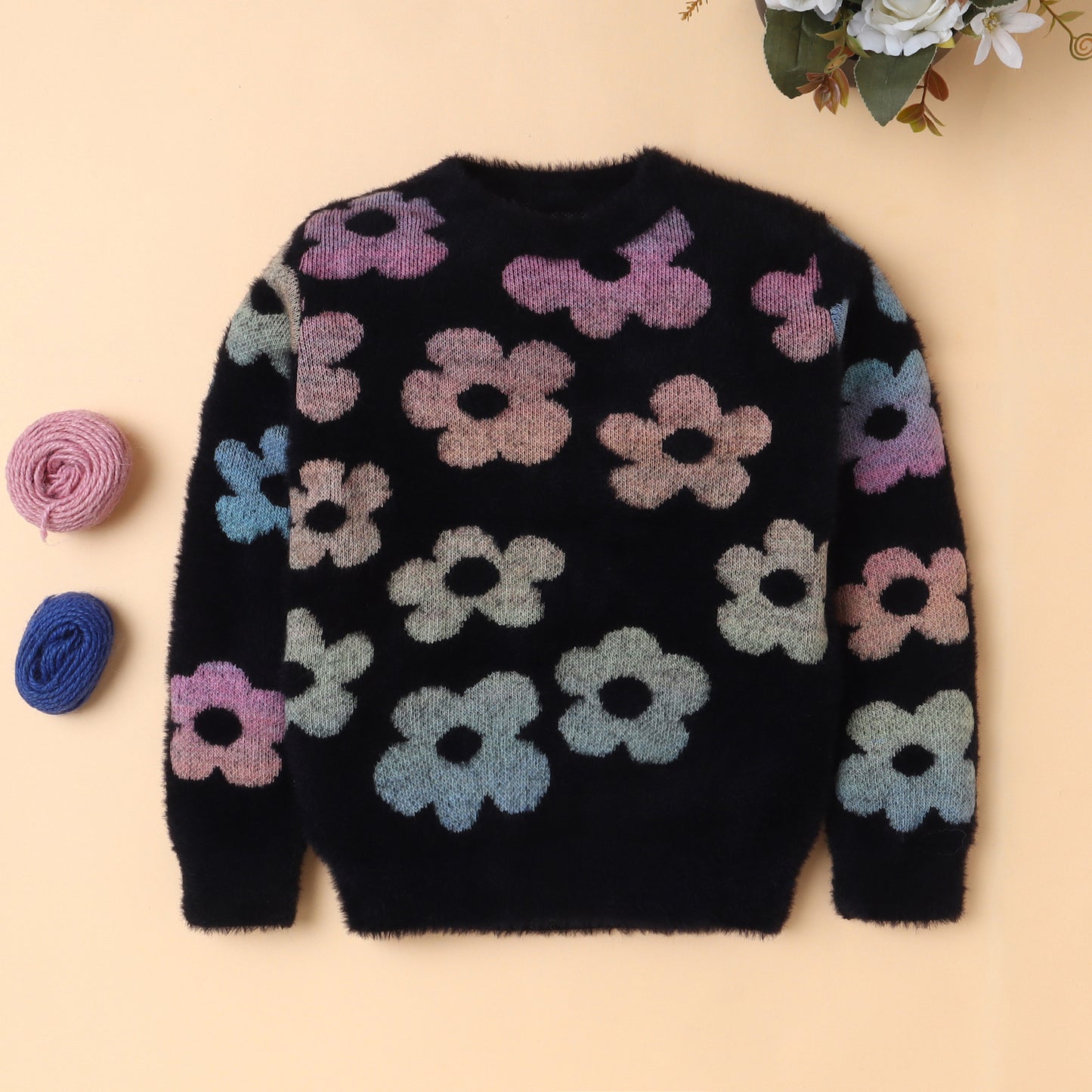 Yellow Apple-Fuzzy Floral Print Sweater for Girls – Cozy & Bold Style