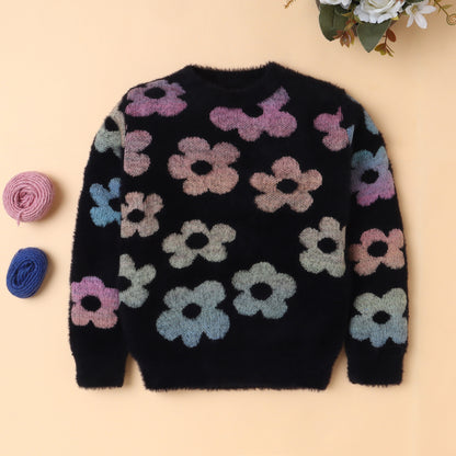 Yellow Apple-Fuzzy Floral Print Sweater for Girls – Cozy & Bold Style