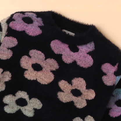 Yellow Apple-Fuzzy Floral Print Sweater for Girls – Cozy & Bold Style