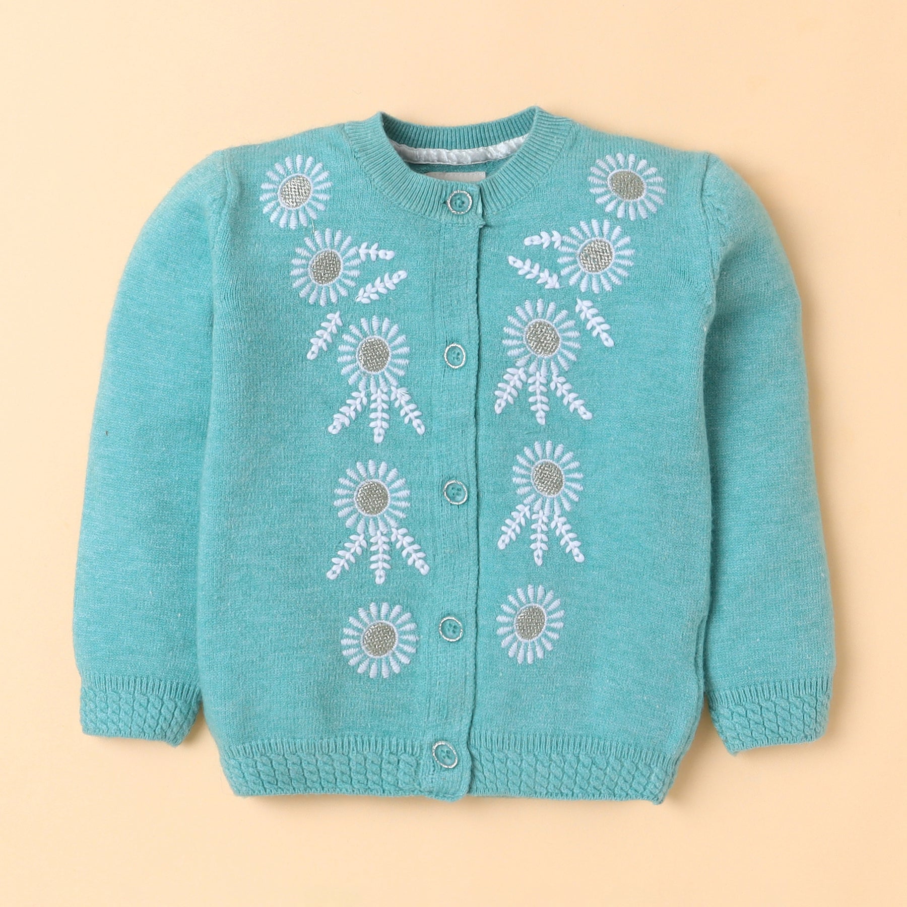 Girls Floral Embroidered Knit Cardigan | Soft Warm Round Neck Button-Down Full Sleeve Winter Sweater | Cozy Kids Winter Knitwear