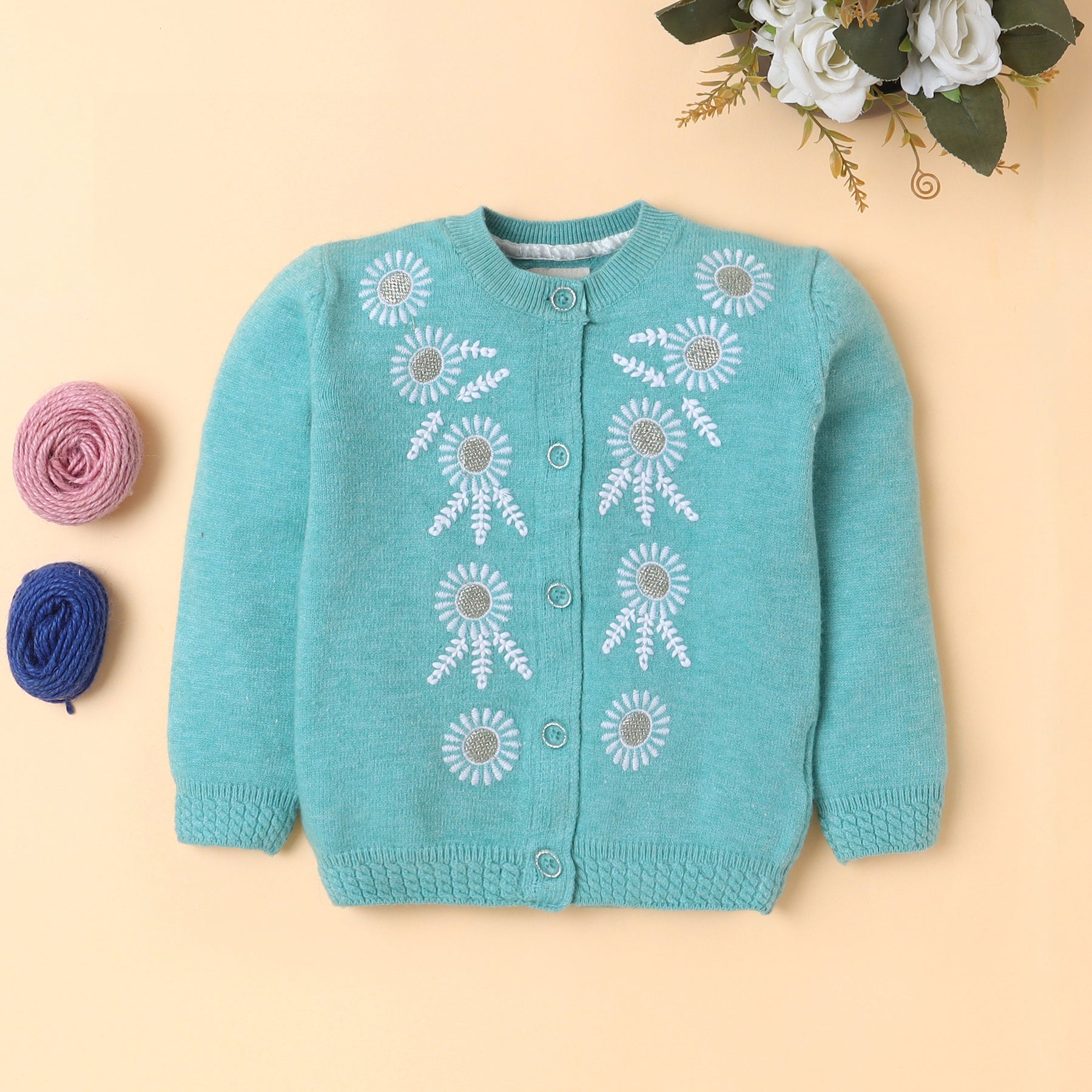 Girls Floral Embroidered Knit Cardigan | Soft Warm Round Neck Button-Down Full Sleeve Winter Sweater | Cozy Kids Winter Knitwear