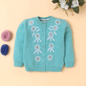 Girls Floral Embroidered Knit Cardigan | Soft Warm Round Neck Button-Down Full Sleeve Winter Sweater | Cozy Kids Winter Knitwear