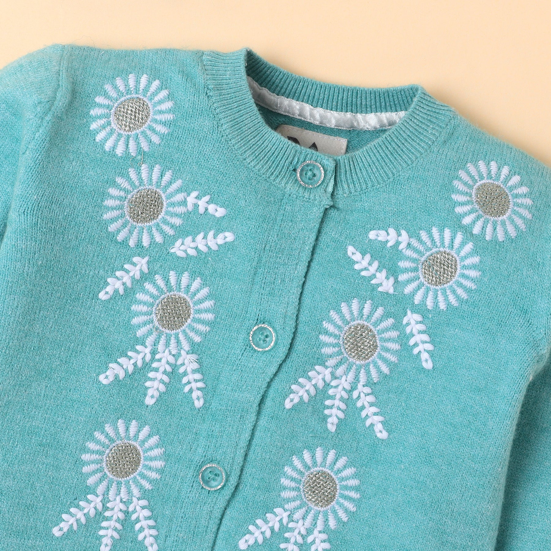 Girls Floral Embroidered Knit Cardigan | Soft Warm Round Neck Button-Down Full Sleeve Winter Sweater | Cozy Kids Winter Knitwear