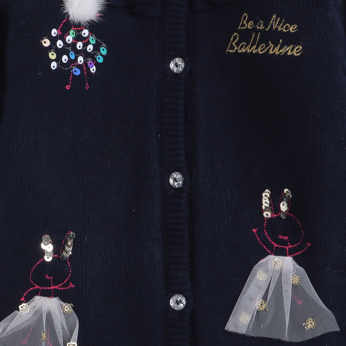 Baby Girls Knitted Romper with Bunny Embroidery, Frill Collar & Front Buttons