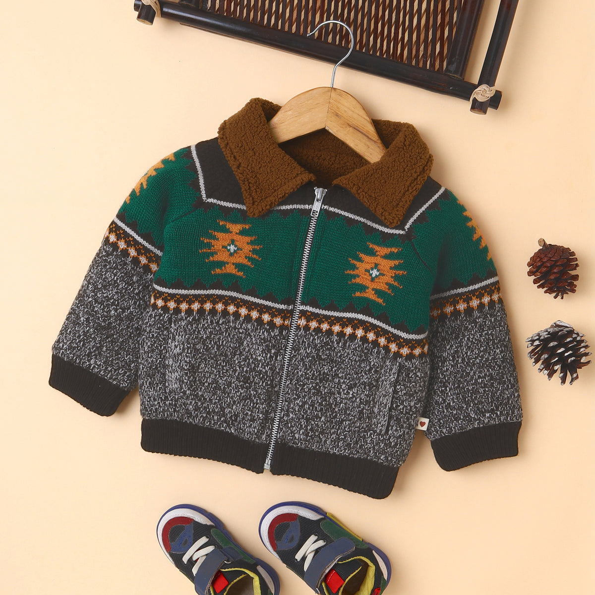 Kids Knitted Winter Jacket with Sherpa Collar | Patterned Zip-Up Sweater Jacket for Boys