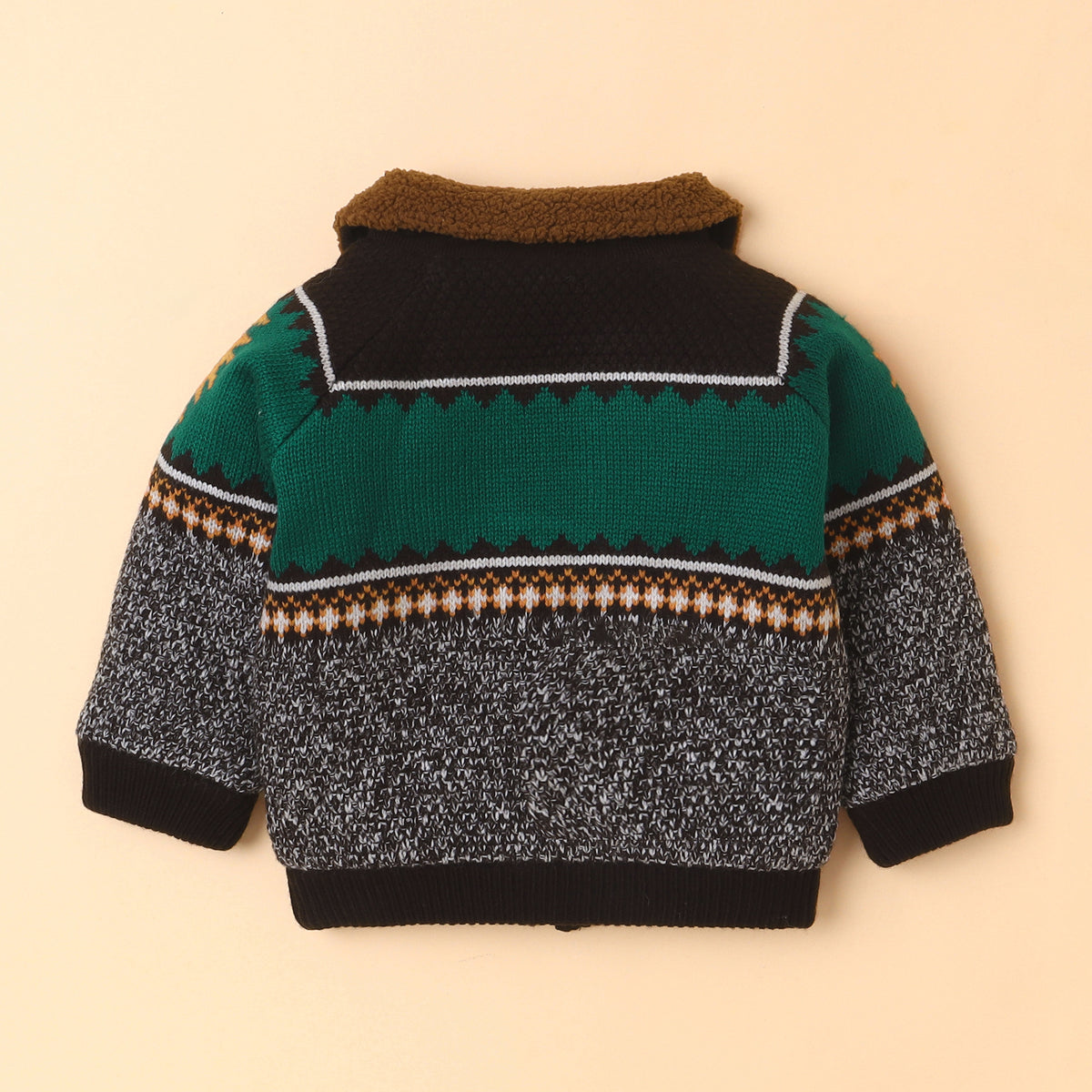 Kids Knitted Winter Jacket with Sherpa Collar | Patterned Zip-Up Sweater Jacket for Boys